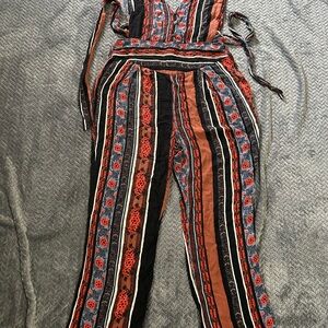 Free People Striped Floral Wide-Leg Jumpsuit in Rust, Black & Blue